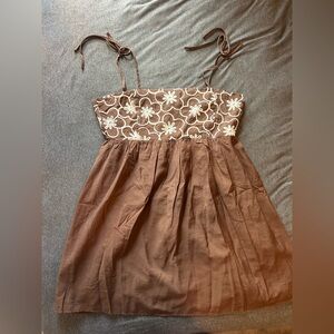 Pink Lily Brown Embroidered Tie-Shoulder Sundress